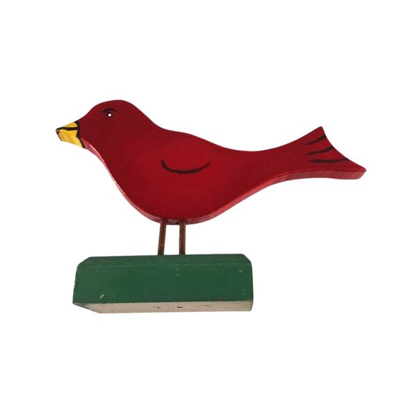 Handcrafted Wooden Red Cardinal Bird Figurine On Green Base 5 x 4" - Picture 5 of 8